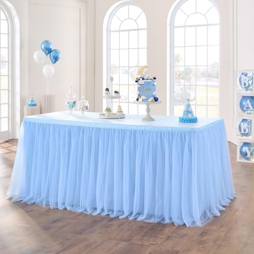 167in Baby Blue Tulle Table Skirts for Rectangle Tables 6/8ft, 2-Layer Gold Grim Ruffle Tulle Tutu Blue Cloth Table Skirt 14ft Decor Boy Birthday Party Baby Shower Cake Dessert Tables(No Table Cover) by ENJOYYOURPARTY
