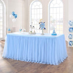 108in Baby Blue Tulle Table Skirts for Rectangle Tables 6/8/4ft, 2-Layer Gold Grim Ruffle Tulle Tutu Blue Cloth Table Skirt 9ft Decor Boy Birthday Party Baby Shower Cake Dessert Tables(No Table Cover) by ENJOYYOURPARTY