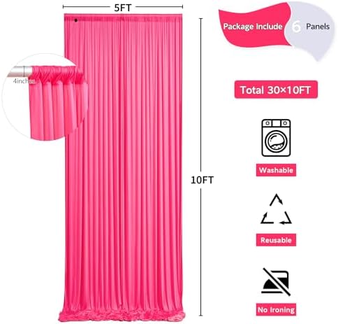 30 ft x 10 ft Wrinkle Free Fuchsia Backdrop Curtain for Parties, 6Panels Polyester Hot Pink Photo Backdrop Drapes for Wedding Birthday Party Baby Shower - Image 5