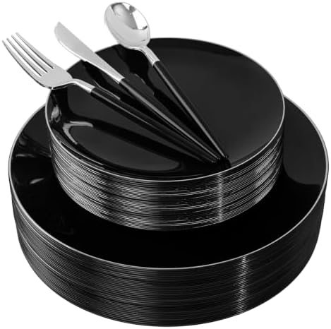 DaYammi 30 Guests Black Plastic Plates with Disposable Silverware,Silver Cutlery with Black Handle,Silver Disposable Dinnerware:60 Dinner/Dessert Plates,90 Plastic Silverware Set for Party Wedding by DaYammiwillaccompanyyou