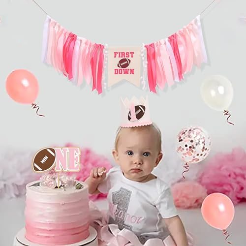 Girls First Year Down Birthday Decorations - Pink Football Theme Party Highchair Banner Set, Sports Touchdown Cake Smash Photo Props, 1st Birthday Cake Topper And Crown For Girls, Baby Shower Decors - Image 4