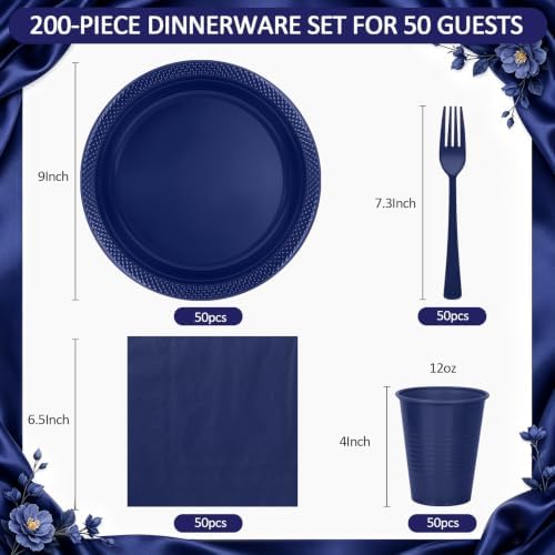 200pcs Blue Plastic Plates Party Supplies, Disposable 9'' Navy Blue Plates and Napkins, Cups & Cutlery Dinnerware Set for Birthday, Wedding, Baby Shower Decorations, Serves 50 Guests - Image 2