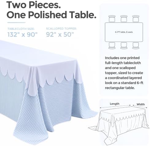 Blue Striped Tablecloth with White Scalloped Overlay Table Cover - Image 2