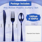 100Pack Blue Pre Rolled Plastic Silverware Wrapped Blue Rolled Cutlery - Image 2