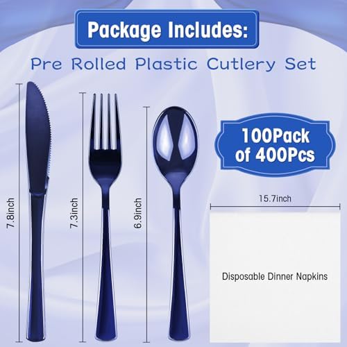 100Pack Blue Pre Rolled Plastic Silverware Wrapped Blue Rolled Cutlery - Image 2