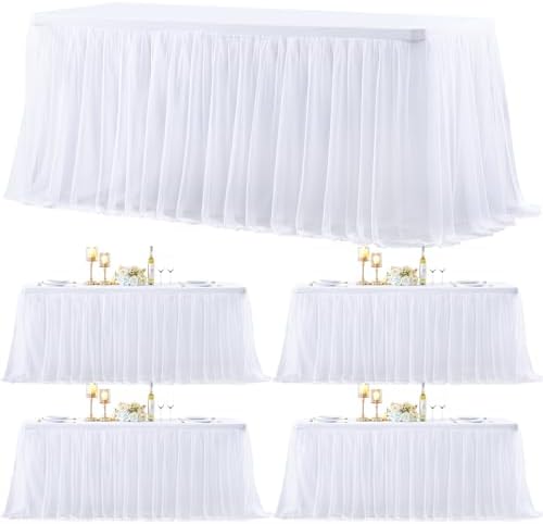 4 Pack White Table Cloth for 6 Foot Rectangle Tables, White Stretch Fitted Tulle Table Covers Skirt, Rectangular Ruffle Tutu Tablecloth Wedding Banquet Baby Shower Cake Tablecloths Decorations by Tao-GePartyDecorations