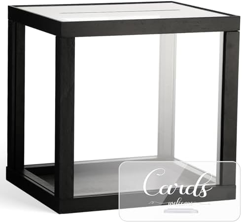 Menkxi Clear Wedding Card Box with Slot 10 x 10 x 8.5 Large Acrylic Card Box for Party Wooden Envelope Holder with Sign for Wedding Quinceanera Birthday Baby Shower Decorations(Black,Wood) by Menkxi