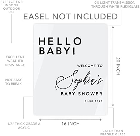 Andaz Press 16"x20" White Acrylic Personalized Baby Shower Welcome Sign, Gender Neutral Large Custom Sign for Easel Stand, Hello Baby Shower Decorations - Image 5