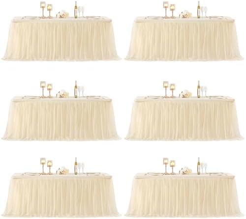 Champagne Tablecloth for 8 Foot Rectangle Tables, Ruffle Tulle Table Skirt for Rectangle Table 8ft Tables Cover Fitted Banquet Birthday Party Wedding Tablecloth Elastic Stretch by LittleFunny