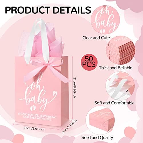 PerKoop 50 Pack Baby Shower Bags with Handle, Tissue Paper, Pink - Image 2
