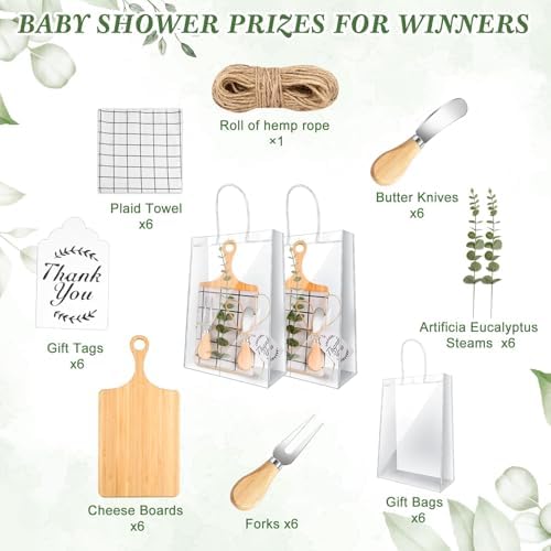 6 Sets Baby Shower Prizes for Game Player for Baby Shower Winners Wedding Bridal Favors with Bamboo Cheese Board Bamboo Spoon Placemats Artificial Eucalyptus Stems Tags Bags for Wedding Bridal Favors - Image 3