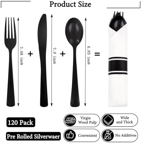 Supernal 120pack Pre Rolled Black Plastic Silverware Set Disposable (Pack of 2) - Image 2