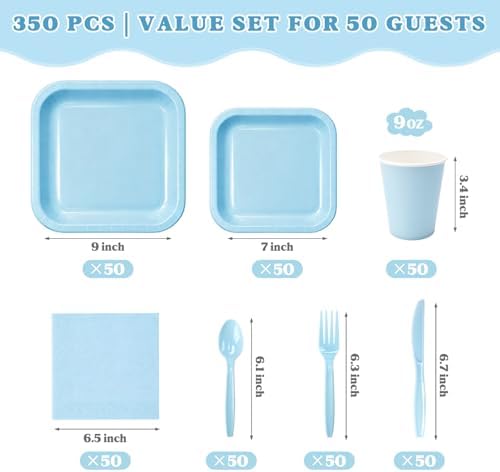 Vyntra 350 Pcs Light Blue Square Paper Plates and Napkins Set, Serves 50 - Image 3