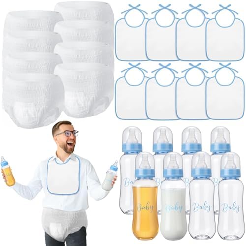 8 Sets Bottle Chug Baby Shower Games Juegos Para Plastic Baby Bottles Bibs Disposable Diapers Gender Reveal Games Baby Changing Diaper Race Game Decoration (Blue) by giftlyze