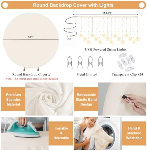 GALLETY 7.2FT Ivory Round Backdrop Cover with String Lights, Adjustable Fit for 5FT–7.2FT Circle Arch Stands, 4 Metal Clips & 24 Clear Clips, Circle Backdrop Cover for Wedding, Birthday & Baby Shower - Image 2