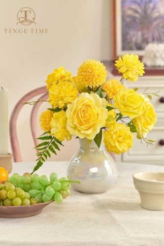 TINGE TIME 23pcs Artificial Wedding Flower Combo, Rose Pompon Mums Yellow - Image 3