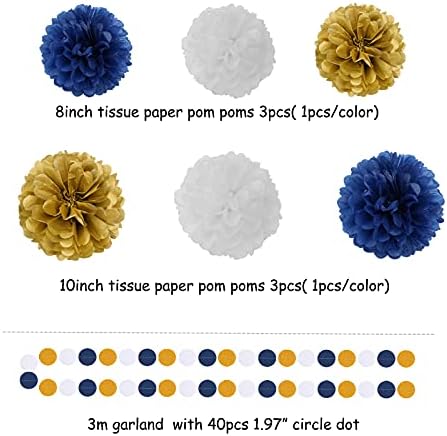 Navy Blue White Gold Party Decoration Paper Flowers,Banner Flags,Circle Banner,Tassel Garland Birthday Bachelorette Boy Baby Shower Gender Reveal Graduation Decorations - Image 3
