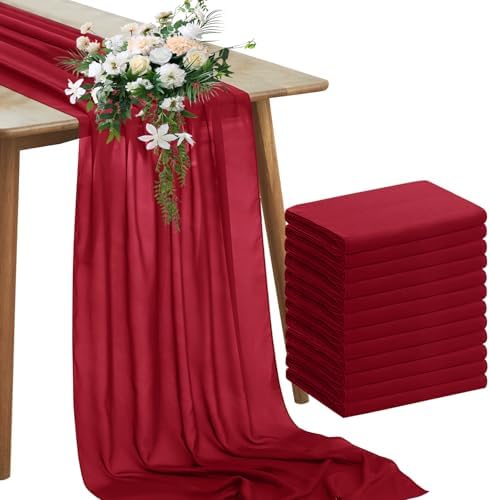 Horbaunal 12 Pack Burgundy Chiffon Table Runners 10FT, 29x120 Inches by Horbaunal