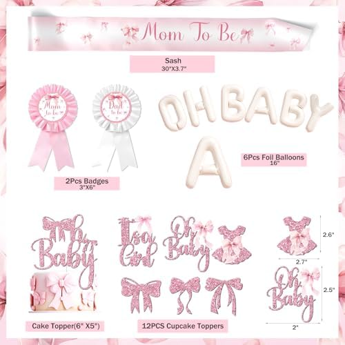Costova Pink Bow Baby Shower Decorations Kit – 144 Pcs Complete Coquette Baby Shower Party Supplies for Girl Pink Bow Themed Party Décor - Image 3