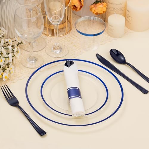 BESTSTAR 350PCS Clear and Blue Disposable Plastic Plates Set for 50 Guests - Image 6