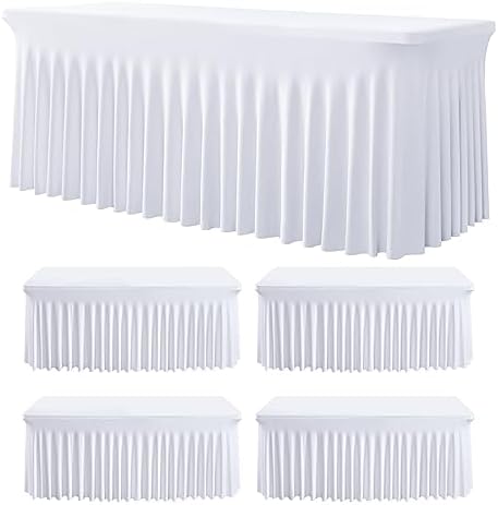 5Pack Spandex White Tablecloth for 6 Foot Rectangle Tables, Wrinkle Free Stretch Table Cloths 6ft Fitted Table Cover Desk Skirt for Parties Weddings Birthday Banquet Baby Shower by Htper