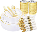 WELLIFE 210 Piece Gold Plastic Dinnerware Set, Include: 30 Dinner Plates, 30 Dessert Plates, 30 Pre Rolled Napkins with Silverware and 30 Cups by WELLIFE