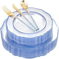 Liacere 150PCS Clear and Blue Plastic Plates-Clear and Blue Disposable Plates with Glitter Bamboo Handle Cutlery-60 Baroque Elegant Plates, 30 Forks, 30 Spoons, 30 Knives for Wedding & Party & Summer by Liacere
