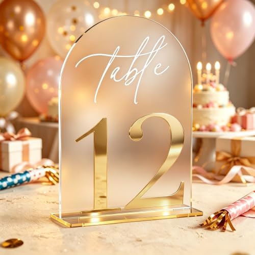 Frosted Table Numbers, Wedding Table Numbers Gold 1-25 with Stands, Gold 3D Acrylic Arch Signs with Holder, 5" x 7" Elegant Table Decor for Wedding Reception, Party, Anniversary, Events - Image 7