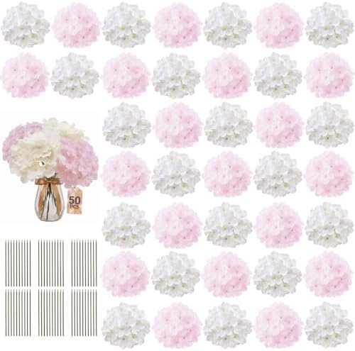 50PCS White & Pink Hydrangea Artificial Flowers, Stronger Bendable Stems by ECCELSO