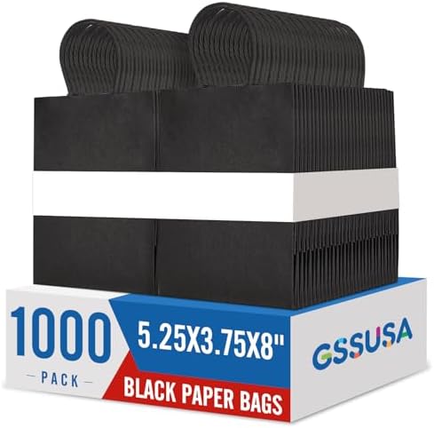GSSUSA Black Gift Bags 5.25x3.75x8 1000Pcs, Paper Bags with Handles Bulk for Small Business by GSSUSA