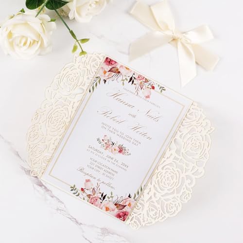 50pcs Gold Glitter Laser Cut Invitation Pockets with Blank Inner Sheets - Image 5