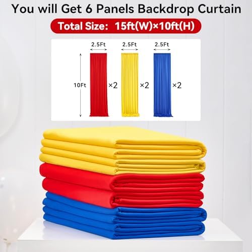 15×10 FT Wrinkle Free Red Yellow Blue Backdrop Curtains for Parties, 6 Panels 2.5×10ft Wrinkle Free Soft Polyester Drapes for Backdrop Decor Themed Party Baby Shower Photo Background Curtain - Image 2