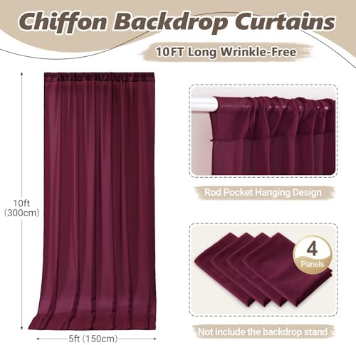 20ft x 10ft Burgundy Backdrop Curtains, Wrinkle-Free Sheer Chiffon Fabric Photo Backdrop Drapes for Wedding Arch Party Ceremony Stage Photography Decorations - Image 4