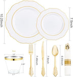Liacere 350PCS Gold Plastic Plates-Disposable White and Gold Plates 50guest Baroque Plastic Dinnerware include 100Plates, 50Pack Pre Rolled Napkins with Silverware 50Cups for Wedding & Party - Image 6