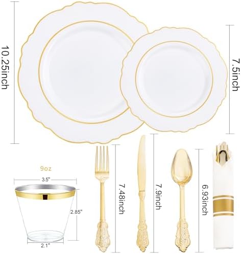 Liacere 350PCS Gold Plastic Plates-Disposable White and Gold Plates 50guest Baroque Plastic Dinnerware include 100Plates, 50Pack Pre Rolled Napkins with Silverware 50Cups for Wedding & Party - Image 6