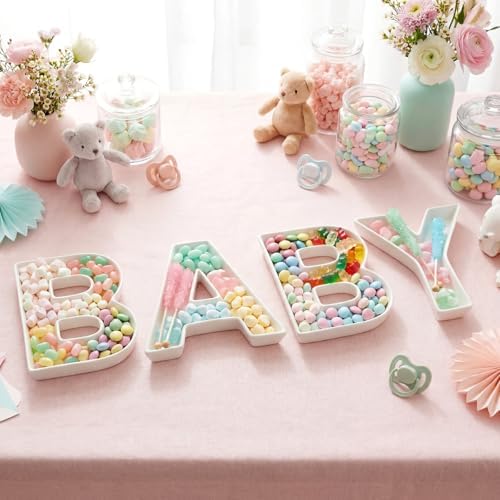 SiliFine 4 Pcs Baby Charcuterie Board Letters 5.7'' Ceramics Baby Shower Serving Food Candy Trays Small Fillable Charcuterie Box White Reusable Alphabet Platter for Gender Reveal Birthday Party Decor - Image 4