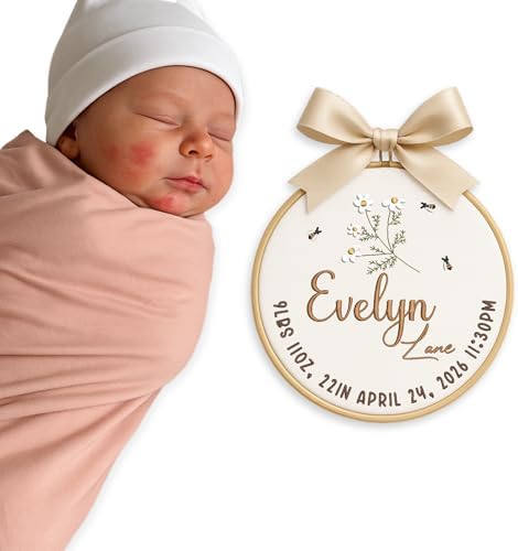 Embroidery Baby Name Sign, Personalized Welcome Baby Hoop Sign with Bow, Custom Baby Name Sign for Hospital, Infant Baby Shower Gifts New Parents (08) by Chikky