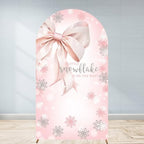 Winter Baby Shower Arch Backdrop Cover 7.2ft Pastel Pink Bow Girl Party Little Snowflake is on the Way Spandex Stretchy Fitted Fabric Arched Photo Booth Background Welcome Sign 4x7.2ft by Unknown