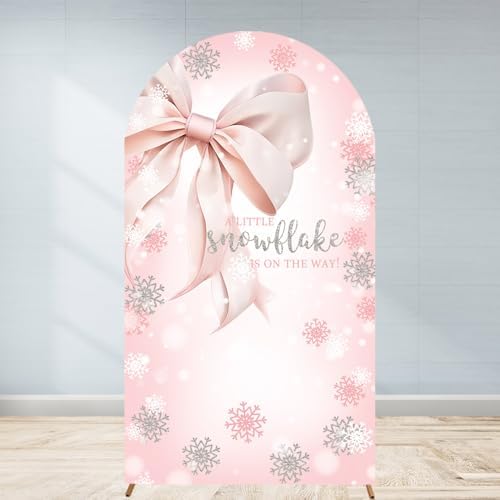 Winter Baby Shower Arch Backdrop Cover 7.2ft Pastel Pink Bow Girl Party Little Snowflake is on the Way Spandex Stretchy Fitted Fabric Arched Photo Booth Background Welcome Sign 4x7.2ft by Unknown