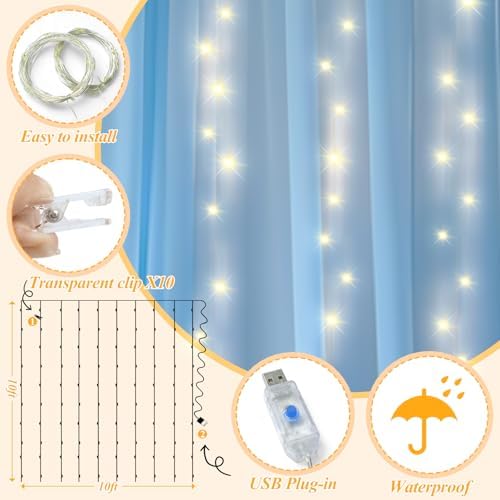 Ledido 10×10ft Blue Tulle Backdrop Curtain with Light(8 Panels 5×10ft) - Image 6