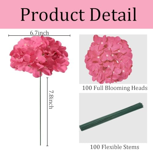 100 Pcs Fuchsia Hydrangea Artificial Flowers Bulk, Fake Silk Hydrangea Flowers Heads with Stems for Wedding Decorations Garden Party Baby Shower Porch Home Decor Table Centerpieces - Image 4