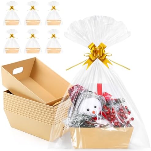 AFOROEOA 10PACK Baskets For Gifts Empty, 10 x 8”Thick Kraft Gift Basket with 10 Clear Gift Bags and 10 Pull Bows, Empty Gift Baskets for Christmas, Thanksgiving Wedding Birthday Party Wrapping Gift by AFOROEOA