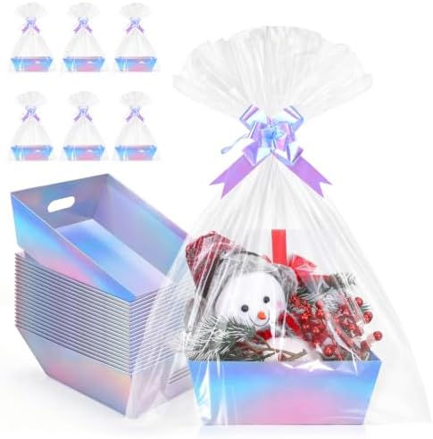 AFOROEOA 20 Pack Iridescent Gift Baskets Empty, 10x8 Thick Paper Basket with 20 Clear Bags and 20 Pull Bows, Holographic Gift Baskets for Bridal Birthday Party Bulk Wrapping by AFOROEOA