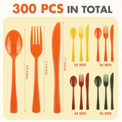 Kochorie 300 Pieces Fall Plastic Silverware, Disposable Plastic Utensils, Heavy Duty Cutlery Set Heavyweight Flatware Includes Spoons Forks Knives for Birthday Thanksgiving Harvest Party Supplies - Image 2