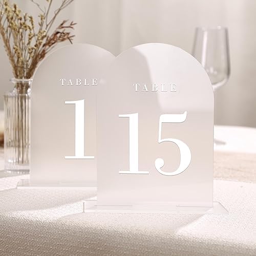 UNIQOOO Frosted Arch Wedding Table Numbers with Stands 1-15, 5x7" Acrylic Display Signs and Holders, Pack of 15, Perfect for Centerpiece, Reception, Decoration, Party, Anniversary, Event by UNIQOOO