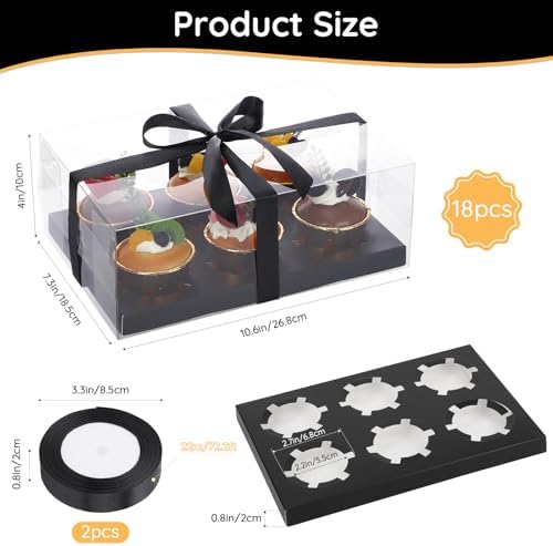 EUSOAR Cupcake Boxes, 18 Pack Black Plastic Bakery Mini Cake Pastry Containers 6 Count with Gift Ribbon, Rectangle Dessert Muffins Holder Disposable Cake Carrier for Wedding Party Favor Supplies - Image 2