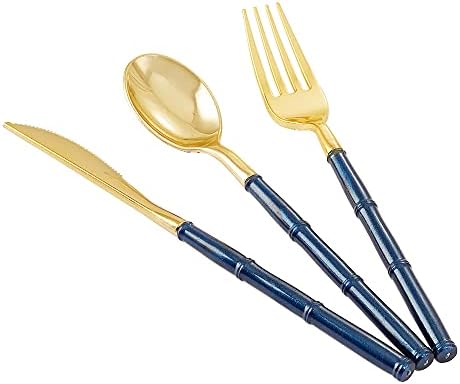 Supernal 180Pcs Blue and Gold Plastic Silverware Set for Wedding Parties by supernal