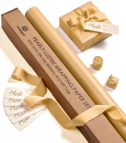 Vitalizart Gold Wrapping Paper Set 30" Pearly-Lustre Ribbons & Gift Tags by Vitalizart