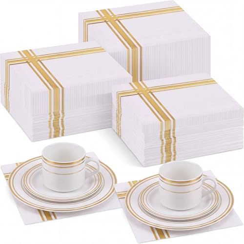 Taobary 400 Pcs 3 Ply Cocktail Napkins with Gold Foil Trim, White and Gold by TaoBary