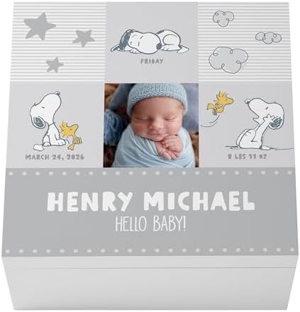 Let's Make Memories Personalized Keepsake Box - Memory Storage - Newborn New Baby Gift - Shower Present - PEANUTS - Snoopy and Woodstock - Add Photo, Name, and Text - Snoopy Baby Love - Gray by LetsMakeMemories
